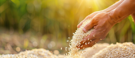 Hands gently releasing grains of rice under the warm sunlight, symbolizing abundance and agricultural bounty.