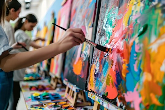 Creative Team Building Workshop: Professionals Collaborating on Vibrant Canvas Paintings