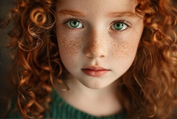 Fototapeta premium Stunning high-resolution photos: a 7-year-old fashionista, with chestnut curls and sly green eyes, everyone loves her, everything is allowed to her. Photos that capture the essence of the moment