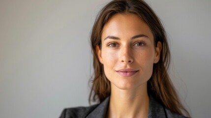 Fototapeta premium Happy businesswoman smiling at camera in stylish suit for traveling fashion beauty editorial shot
