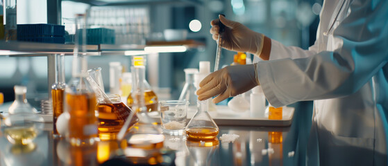 A scientist working in a laboratory, wearing gloves and handling a pipette with various Erlenmeyer flasks and test tubes containing colored liquids. - Powered by Adobe
