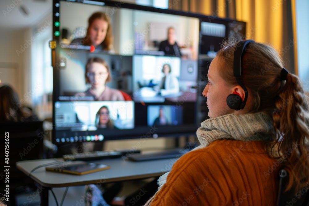 Poster professional participating in remote workshop from home with interactive tools for collaboration