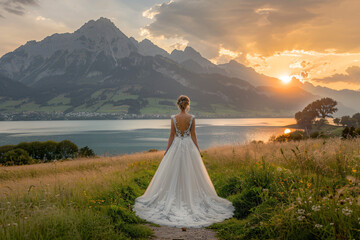 High-Resolution Image of a Blonde European Bride from Behind in Wedding Dress – Sophisticated and Stylish