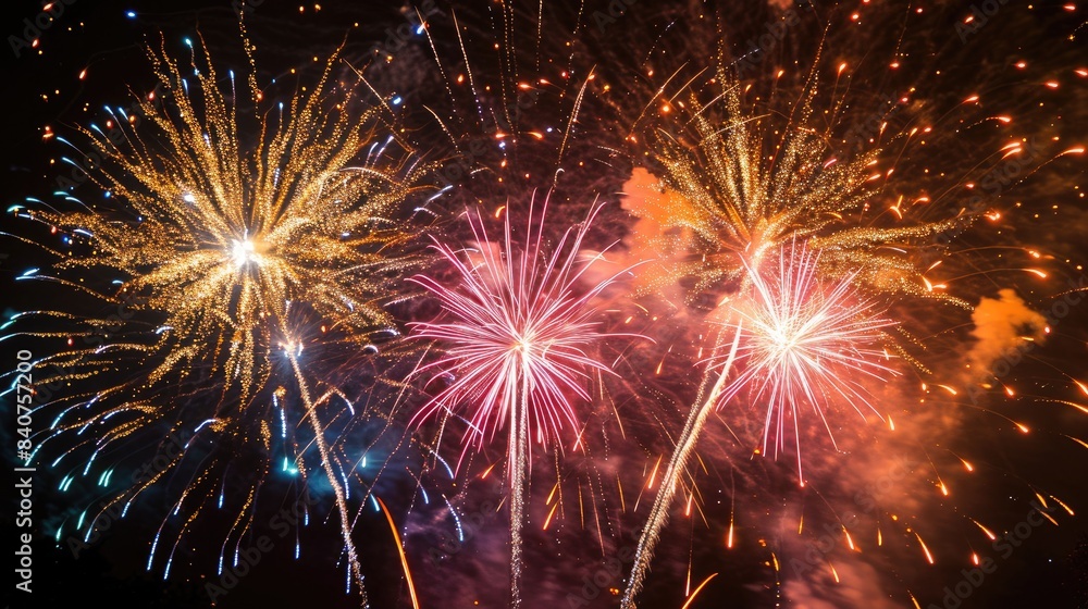 Poster vibrant, colorful fireworks display in night sky., fireworks display with bright explosions creating