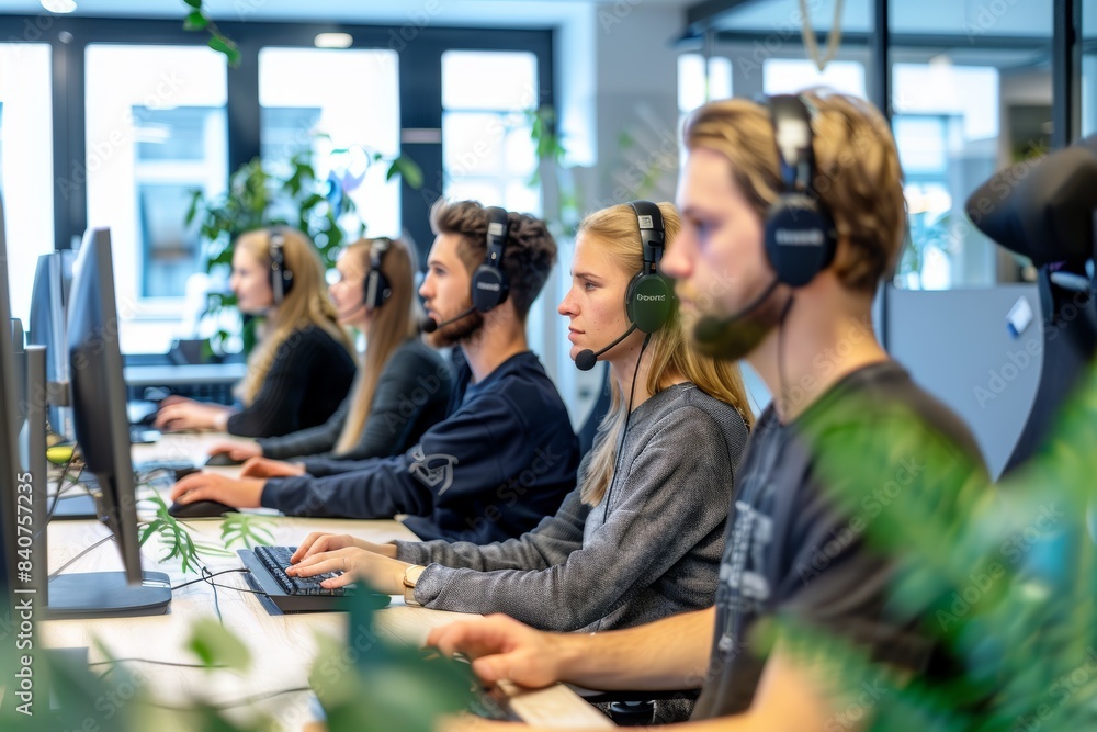 Poster team of customer support representatives working efficiently on computer screens in modern office