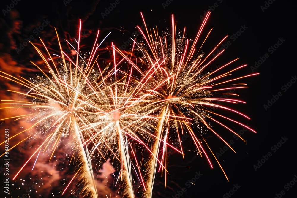 Poster vibrant, colorful fireworks display in night sky., fireworks display with bright explosions creating
