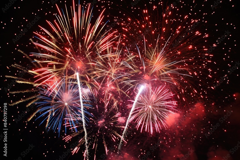 Poster vibrant, colorful fireworks display in night sky., fireworks display with bright explosions creating