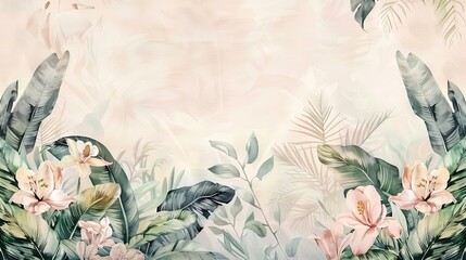 Illustration of tropical wallpaper print design with palm banana leaves and birds on canvas texture. Tropical plants and birds on textured background. AI generated illustration