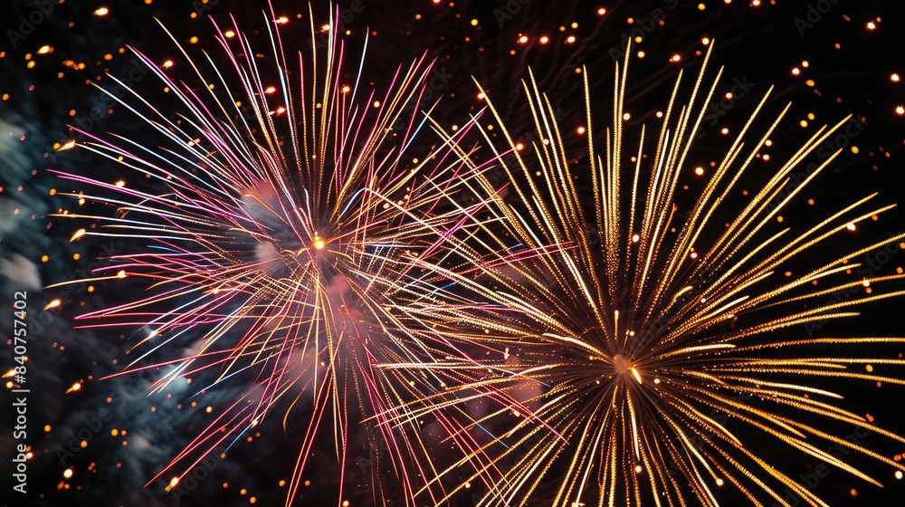 Poster Vibrant, sparkling fireworks display, Fireworks display with bright explosions creating a dazzling spectacle against the black sky