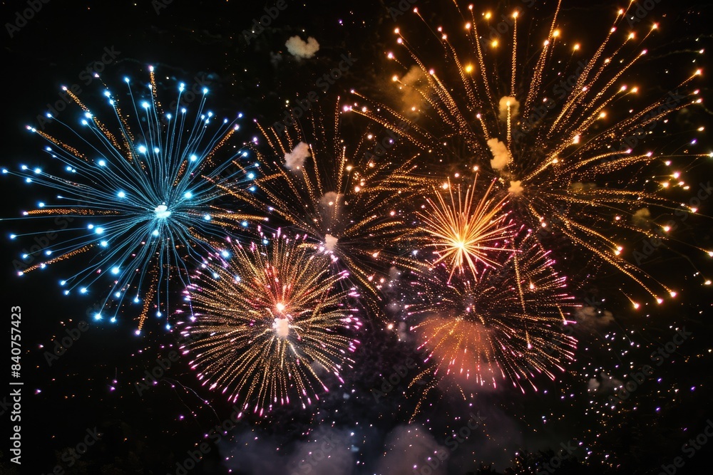 Poster vibrant, colorful fireworks display in night sky., fireworks display with bright explosions creating