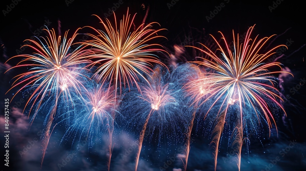 Poster Vibrant, sparkling fireworks display, Fireworks display with bright explosions creating a dazzling spectacle against the black sky