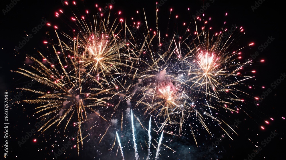 Poster Vibrant, sparkling fireworks display, Fireworks display with bright explosions creating a dazzling spectacle against the black sky