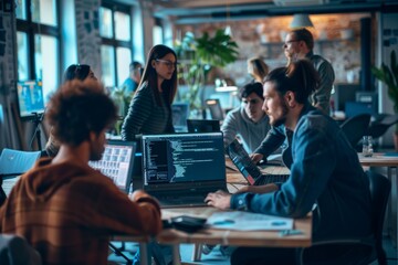 Tech Startup Team Collaborating on Software Project in Modern Office Setting