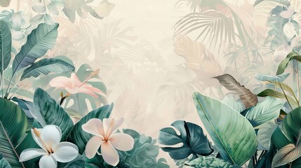 Illustration of tropical wallpaper print design with palm banana leaves and birds on canvas texture. Tropical plants and birds on textured background. AI generated illustration