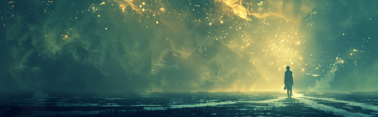 Obraz premium fantasy background of a evocative scene where a solo traveler embarks on a journey through a surreal landscape, where the path ahead is illuminated by the faint glow of abstract feelings and emotions