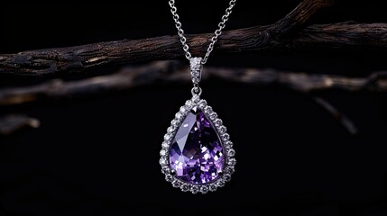 Beautiful silver necklace with purple amethyst and white diamonds on a black background, on a wooden branch
