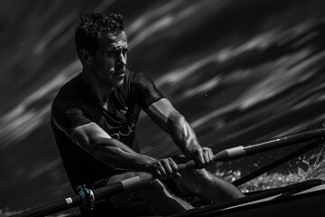 Determined Olympic Rower in High-Contrast Black and White Photograph Mid-Race