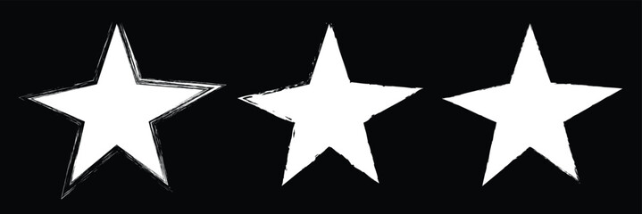 Star icons with grunge texture set. Vintage retro style. Design elements. White silhouette, isolated on black background. Grungy artistic template. Distressed symbol. Paint brush. Vector illustration