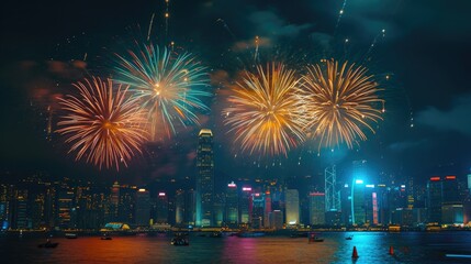 Dazzling fireworks over a city skyline, Fireworks photography with a cityscape in the background, combining the celebration of lights with urban beauty