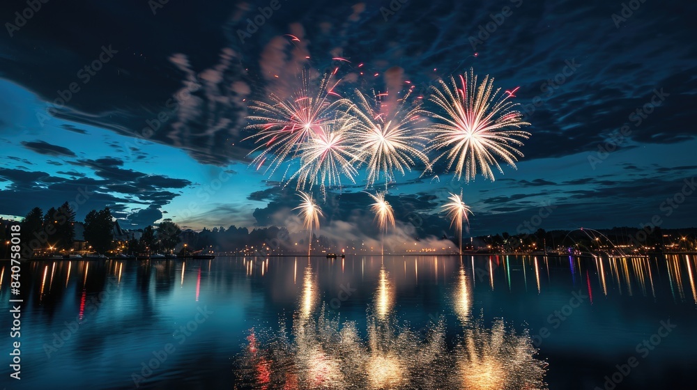 Poster vibrant nighttime fireworks display, fireworks photography with a focus on the reflection of the daz