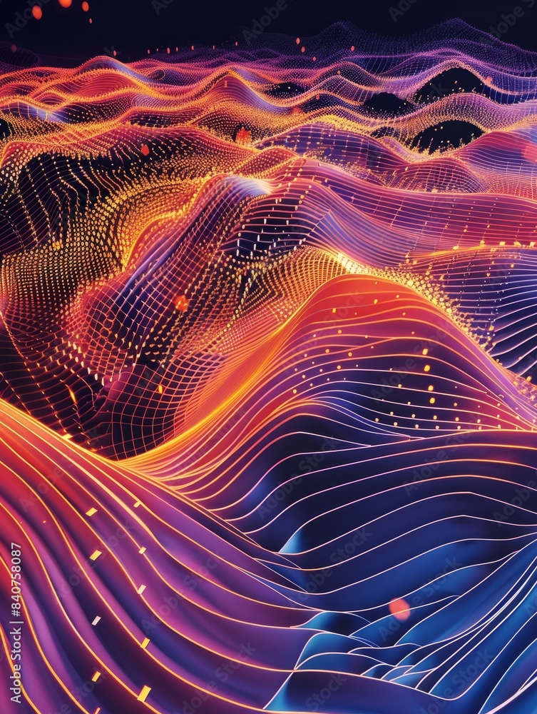 Poster gradient line and intricate wave design in smart city concept, abstract dot point connections, big d