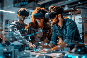 Tech Startup Team Innovating with VR Headsets and 3D Printing in Creative Workspace