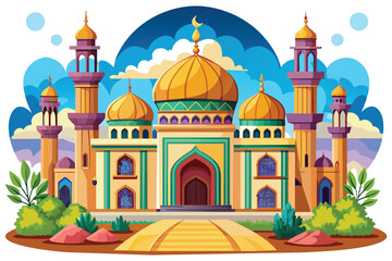 Islamic cartoon design, mosque illustration with beautiful cloud and sun view