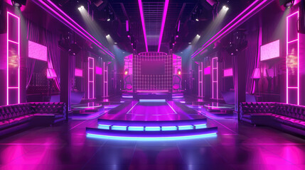 Virtual show stage in the style of a night club interior design. Neon pink purple colors.