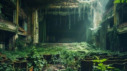 Obraz premium Abandoned city theatre debris with green plants growing. Post apocalypse scene.