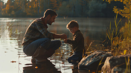 A father and son share a serene moment at the water's edge, exploring nature together and creating lasting memories during golden hour.