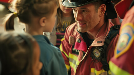 A firefighter in uniform kneels to talk warmly with a smiling child, embodying trust and admiration in a community setting.