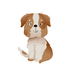 Cute puppy dog sitting, purebred fluffy dog. Funny little doggy, best friend character graphic design, kids illustration. Domestic animal vector clipart cartoon for children.