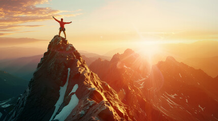 A triumphant climber stands on a snow-covered mountain peak at sunrise, arms raised in victory, against a breathtaking orange and pink sky. - Powered by Adobe