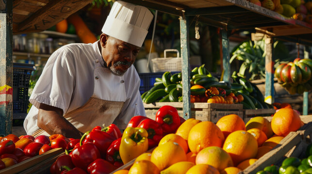 An experienced vendor in a chef's uniform tends to a vibrant display of bell peppers and oranges at an outdoor market, showcasing the richness of fresh produce.