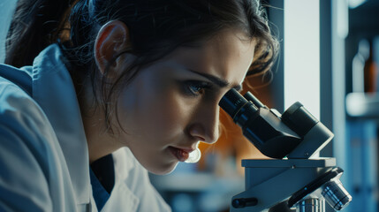 A scientist peering through a microscope in a lab, deeply engaged in a detailed examination, surrounded by modern scientific equipment.