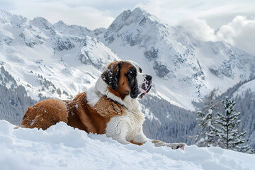 Saint Bernard dog relaxing in the snow with a mountain backdrop