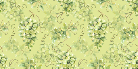 Green grapes, vine watercolor, seamless pattern. Hand drawn. For kitchen textile, fabric, design, packaging, wallpaper. Food illustration