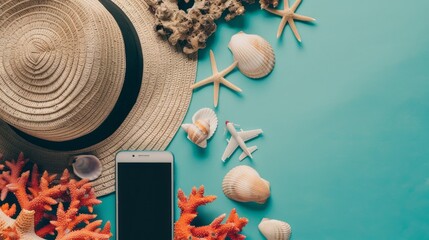 Seashells, part of a hat, small plane and smartphone, Live coral background. Flat lay. Travel concept