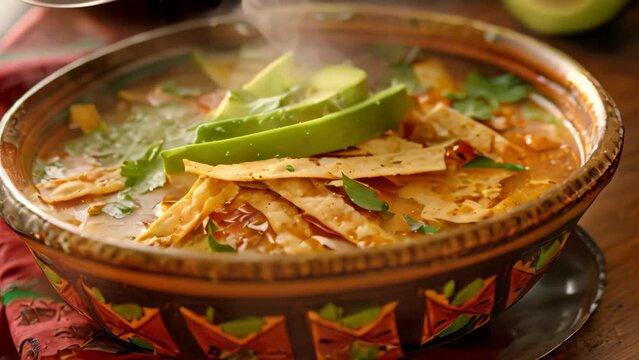 A bowl of Mexican soup topped with tortilla chips and avocado, A steaming bowl of spicy tortilla soup topped with avocado and crispy tortilla strips