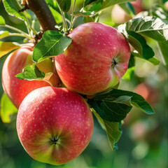 Fresh ripe apples on tree branch. Organic and eco-friendly fruit harvest