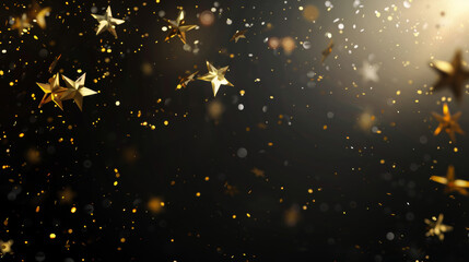 A dynamic shower of golden stars and confetti in mid-air illuminates a festive atmosphere, exuding jubilance and celebration.