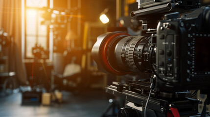 A professional camera with a large lens is focused in a brightly lit studio, capturing intricate details amidst a creative backdrop bathed in golden light.