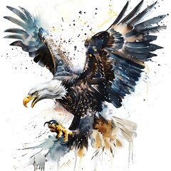 Watercolor painting of a majestic bald eagle in flight.