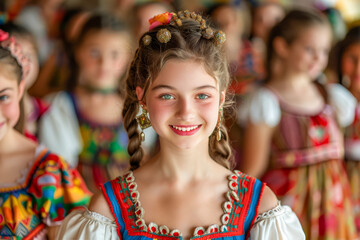 Fototapeta premium Joyful young girl in traditional dress with braided hair and ornate headpiece, participating in a cultural dance celebration.