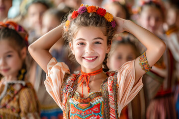 Joyful young girl in a traditional costume with a floral headband and braided hair, participating in a lively cultural festival.