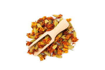 Assortment of dry herbal and berry tea isolated on a white background. Tea party concept. medicinal herbs. Healing herbs.Alternative medicine.Linden, calendula, cornflowers, marigold, tansy, tea rose.