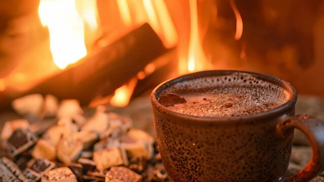 A cup of hot chocolate sits next to a fireplace, the steam rising from the drink, A steaming cup of hot cocoa being enjoyed by a roaring fire