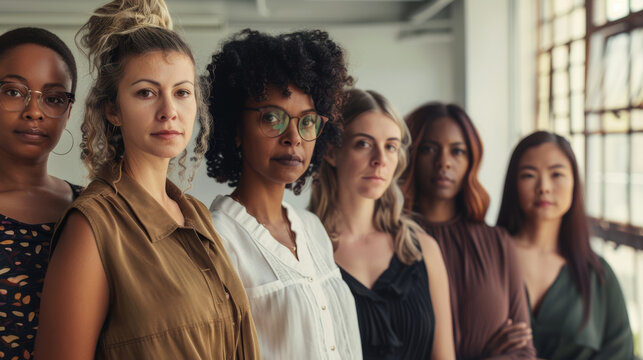 Six women stand side by side, facing the camera with resolute expressions, capturing unity and diversity in their poses and attire within a bright, spacious setting.