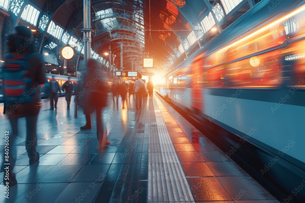 Poster dynamic train station scene with commuters and high-speed transit for urban mobility concepts