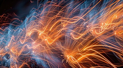 Vibrant, glowing light explosion, Long exposure fireworks photography, showcasing the graceful trails and dynamic patterns created by the bursts of light